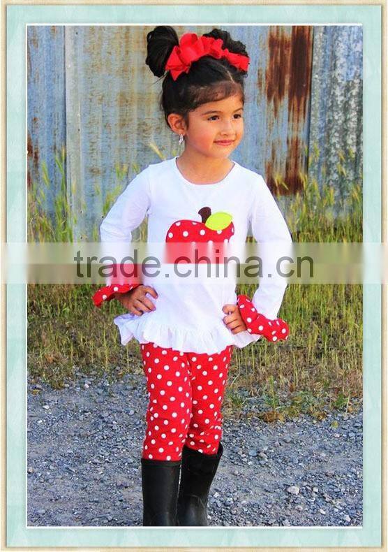 Red Polka Dot Apple Pant Set Appliqued White Long Shirt Children's Clothes Boutique outfit For Spring/ Fall Outfit Kids Clothes