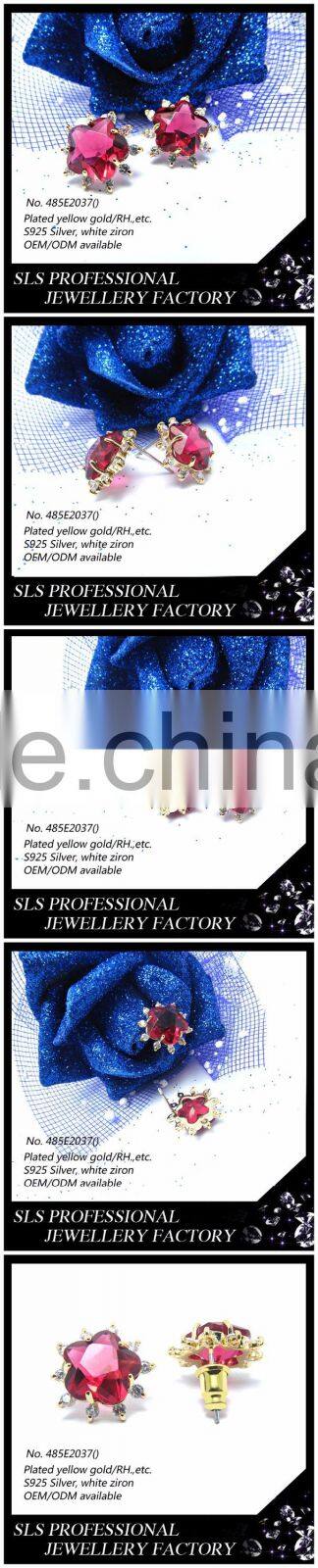 2015 Fashion winter latest design 925 silver rhodium plate imitation ruby micro pave jewelry star shaped stud earrings for gilrs