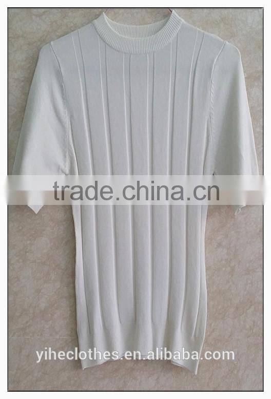 Simple little turtle neck knitting wear short-sleeve vertical stripe pullover lady stretch white top