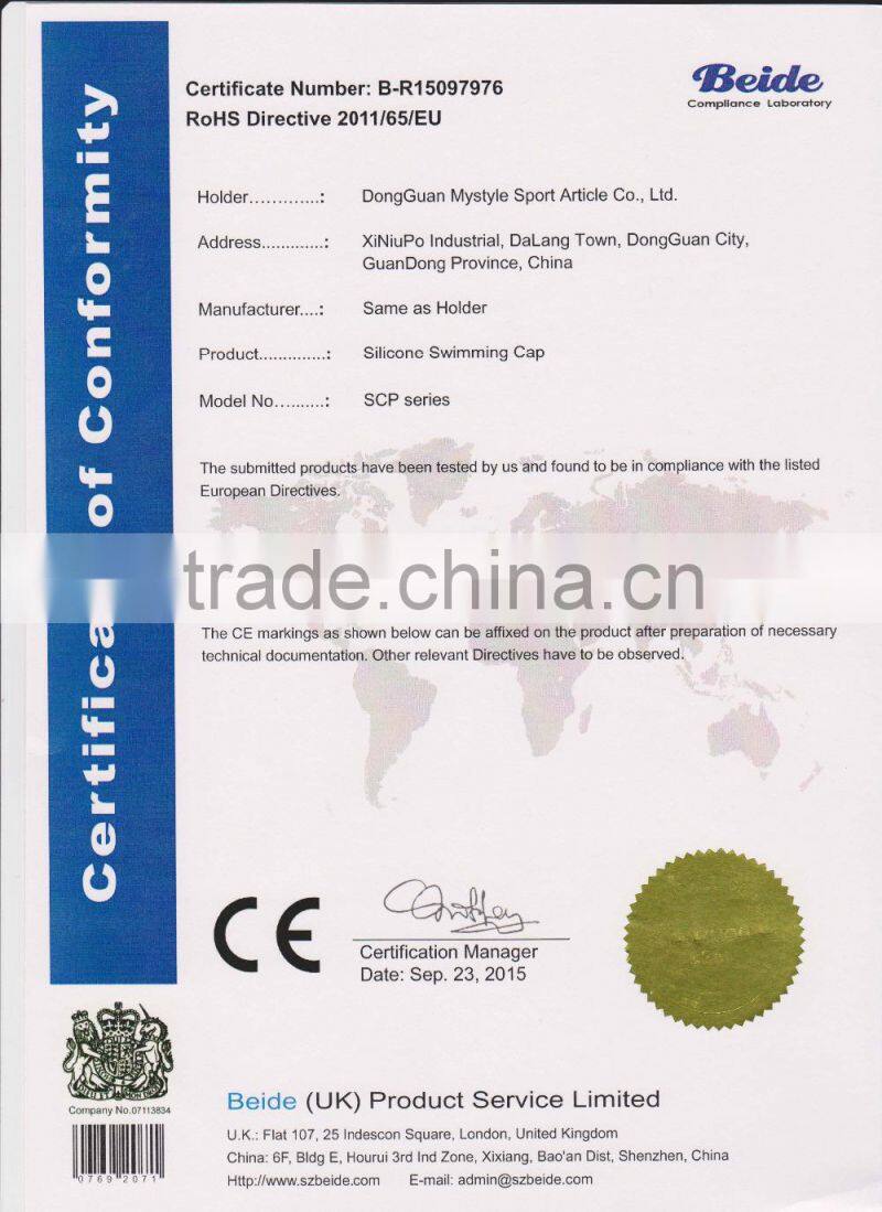 Eco-friendly adult customized swimming caps silicone