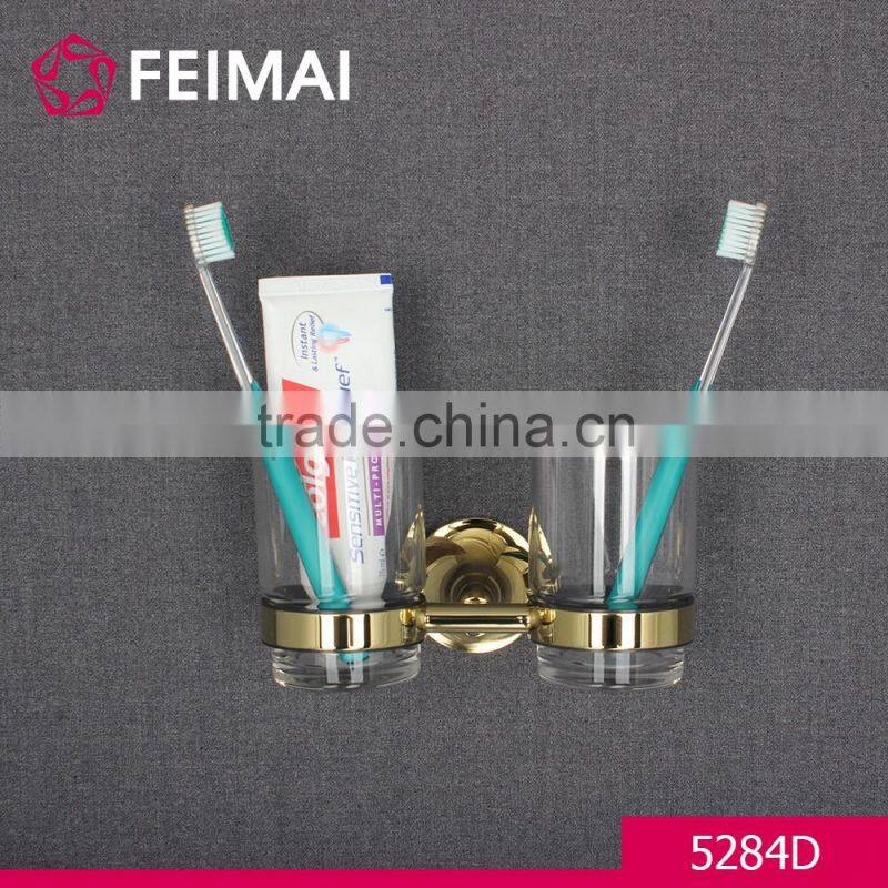 Simple Design Brass Gold Finished Double Tooth Brush Glass Holder