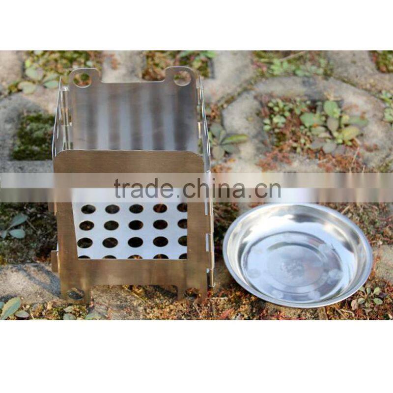 Stainless steel camping wood & alcohol stove with hinge portable stove outdoor with saucer wholesale alibaba