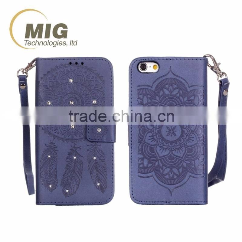Diamond Flower wallet leather case with strap with inside TPU phone case for iphone 6 6S