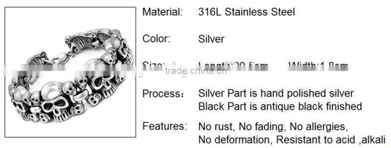 Men Punk Jewelry 316L Stainless Steel Skull Bracelet Wholesale