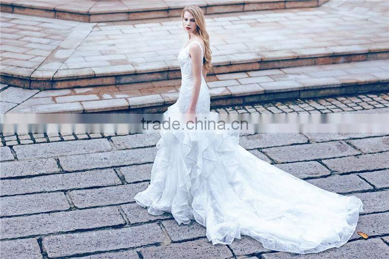 Hot China supplier spaghetti lace and chiffon beach wedding dresses