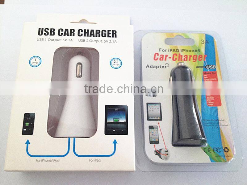 Promotional 2.1A+1A dual in-car charger 5V 2 in 1 car charger with IC smart chip