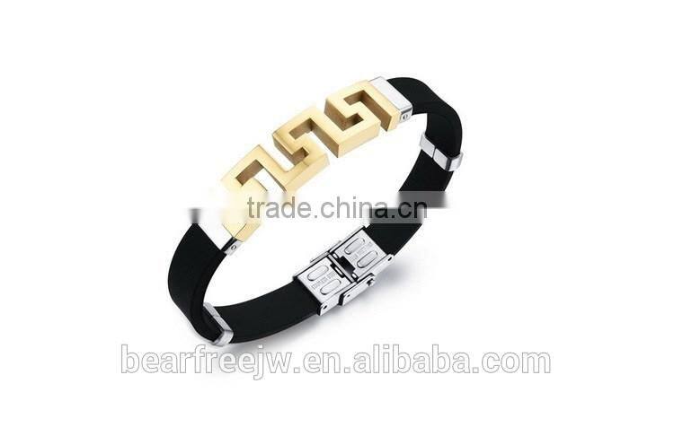 Factory Cool Mens Stainless Steel Hollow Out Greek Key Bracelet Silicone Wristband Great Wall Patterned