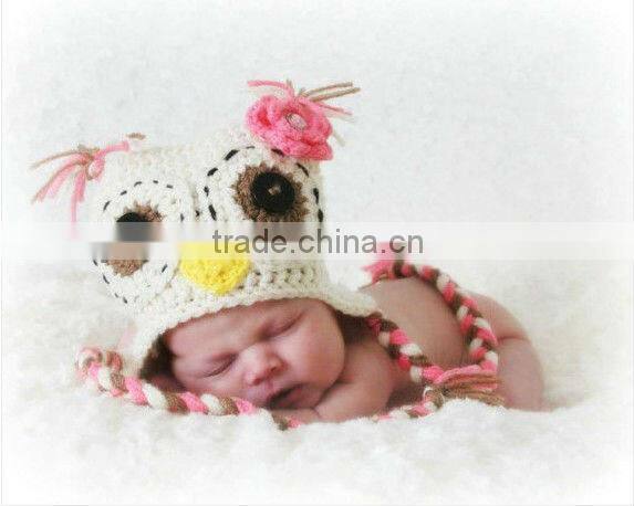 Crochet owl hat-baby girl owl hat-flower-creamy natural pink and brown