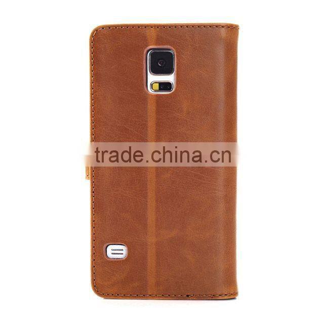 Factory Promotionable Crazy Horse Pattern Leather With Card Bag And Support Stand Cell Case For Samsung S5