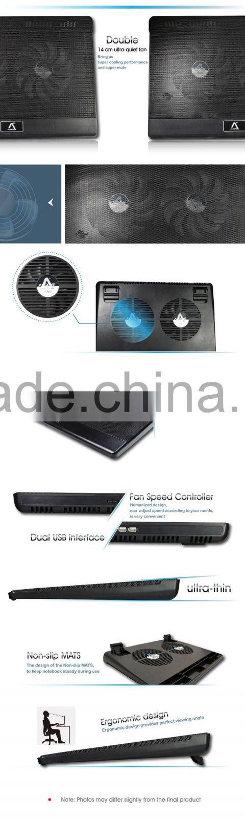 Alseye Ares / ASH-607 manufacture good quality 2 fans laptop electric cooling pad