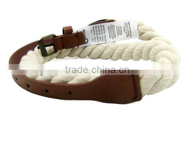 Ladies' Raw White Cotton Rope Woven Dress Belt with PU Leather Tab
