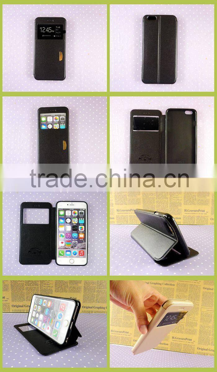 Leather cell phone case for apple iphone 6 plus 5.5 inch black back cover for iphone 6 with view window wholesale