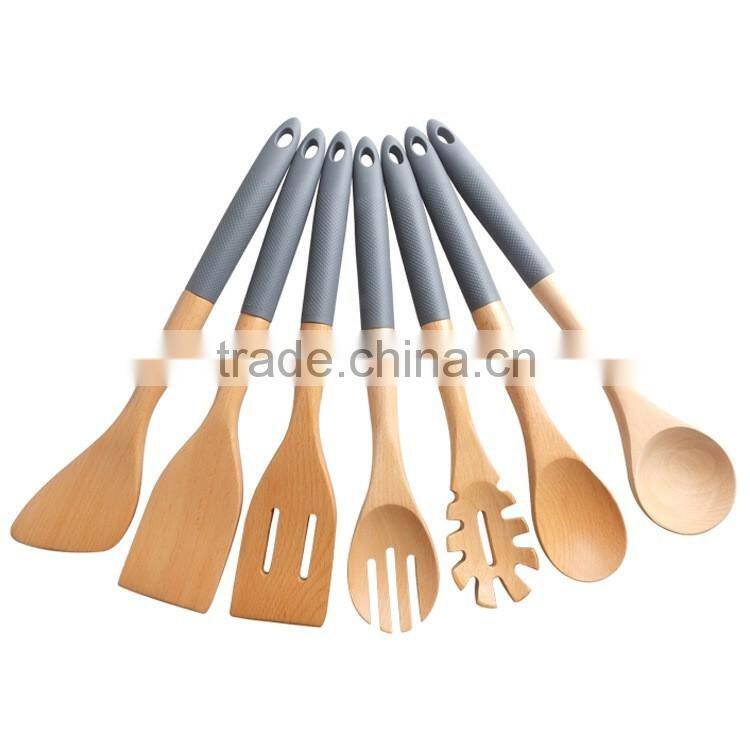 Food Grade Silicone Handle Kitchen Wood Tools Set Of 7