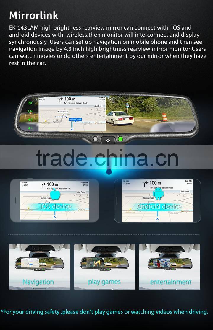 4.3 inch car rear view mirror monitor with mirror link and thin frame special for Honda and Kia