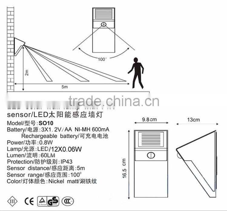 12 led triangle shell 240lm high brightness IP65 PIR sensor solar led wall light