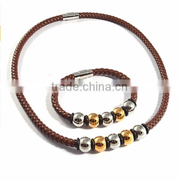 Europe Stainless Steel Two Tone Charm Cuff Bracelet Jewelry Sets Brown Leather Braided Necklace