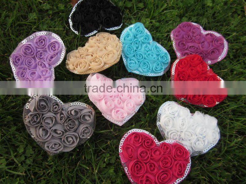 Rosette Fabric Heart Shape Rosette Heart Chiffon Rose Flowers Chiffon Heart,mix color IN STOCK