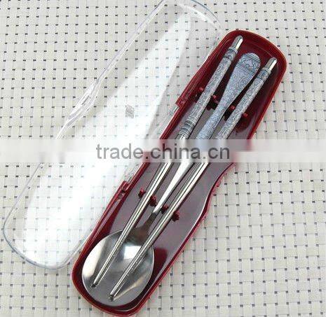 stainless steel portable cutlery set used outside composed by bowl, spoon, chopsticks