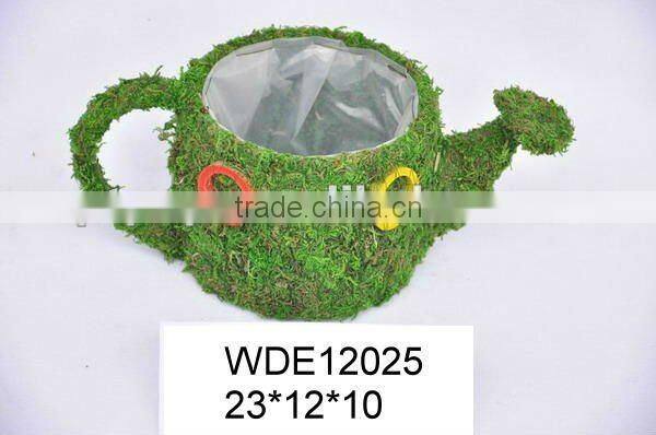 bark water can planter flower pot with moss decoration