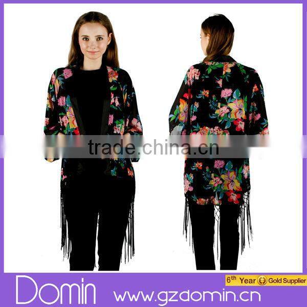 Dark Base Printed Fringed Floral Kimono