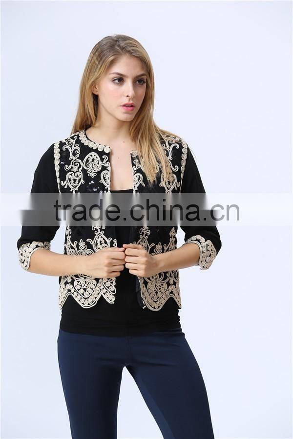 Guangzhou factory Casual Beautiful Lady Blazer /Jacket with embroideried detail for ladies