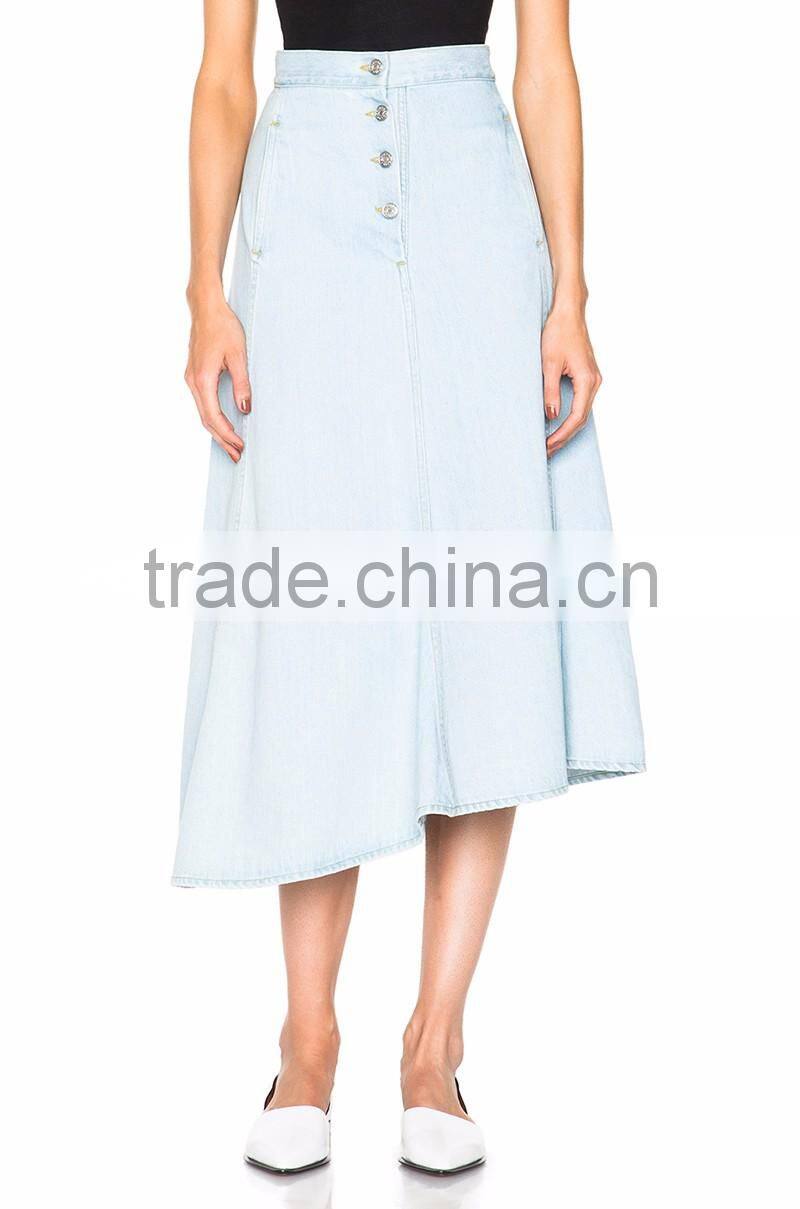 fashion ladies high waist flared maxi long denim skirt