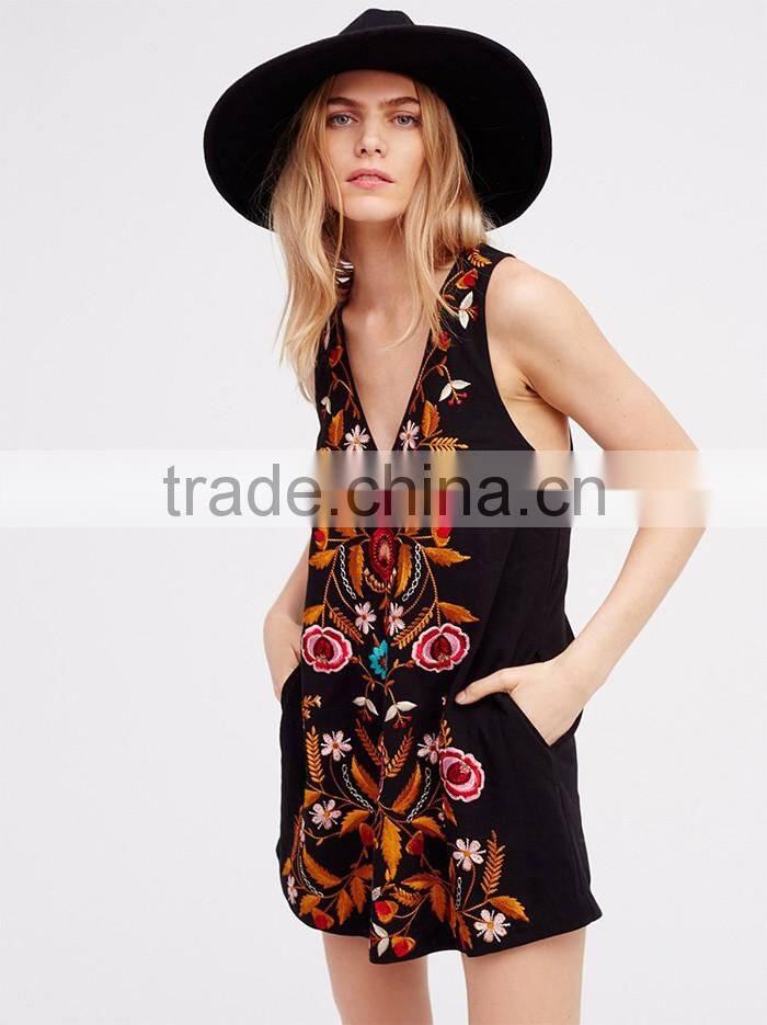 Folk Song spaghetti sleeveless embroidered black ladies fancy cocktail women night mini dress sexy fashion names wholesale oem