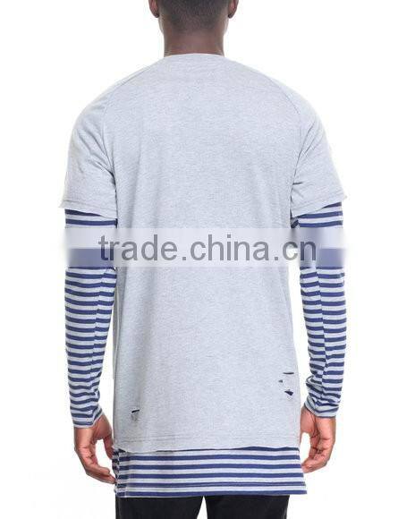 Crew neck tees sleeve color block Stripe Layer men's longline t shirt