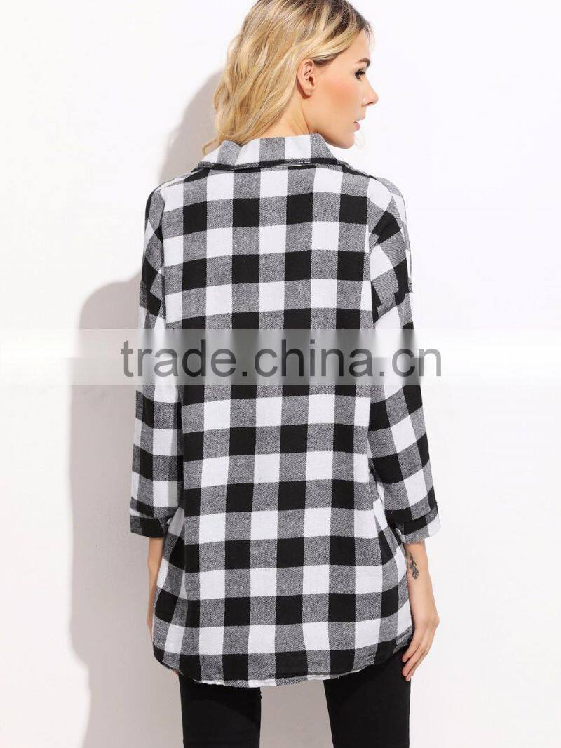 Check Plaid Drop Shoulder Shirt Black and White Cotton Blend Long sleeve Casual Button Women Shirt