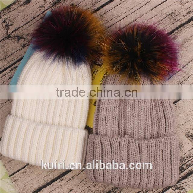 Wholesale Beanie Hats with raccoon fur ball for women winter