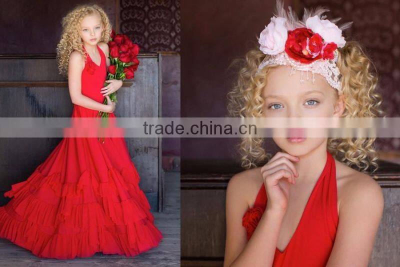 2017 New Arrive Little Girls Christmas Party Red Ruffle Twril Dress Pexi Girls Maxi Dresses