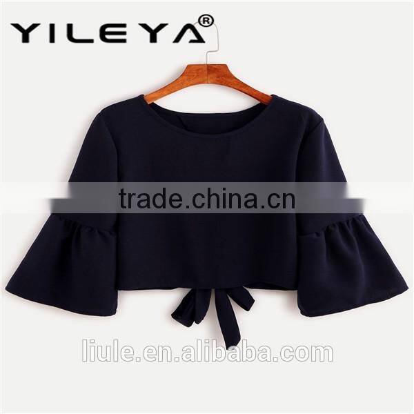 Fashionable ladies tops latest design ruffle flounced sleeves casual blouse for women