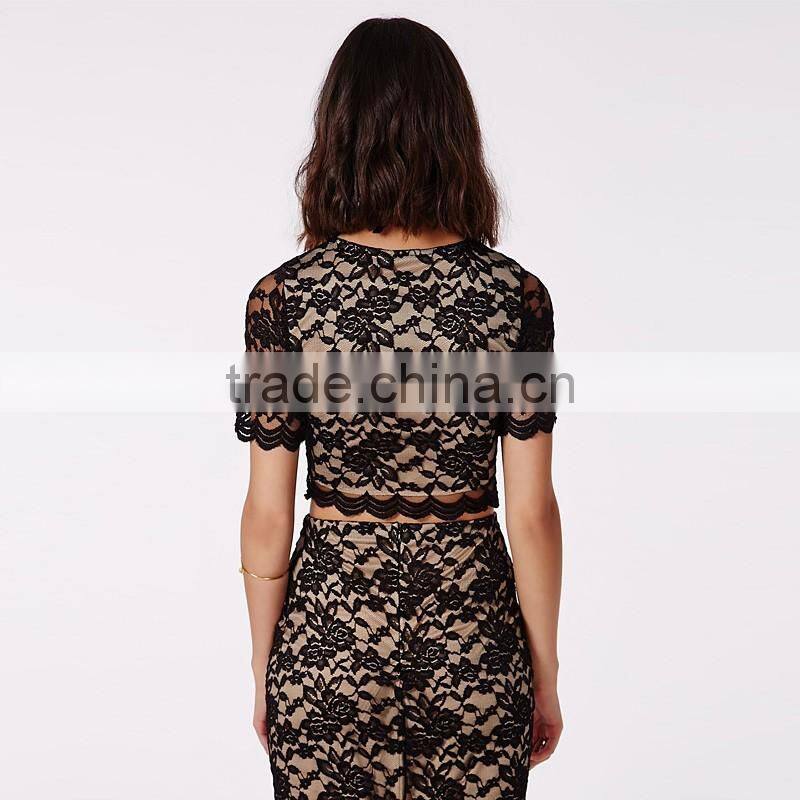 Women's summer rose pattern crop top shirt with slit long skirt suits