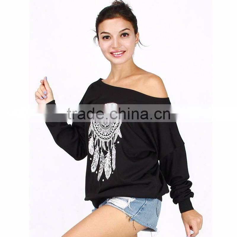 Bulk Wholesale Black Asymmetrical Shoulder Screen Printing Sweatshirt for Ladies