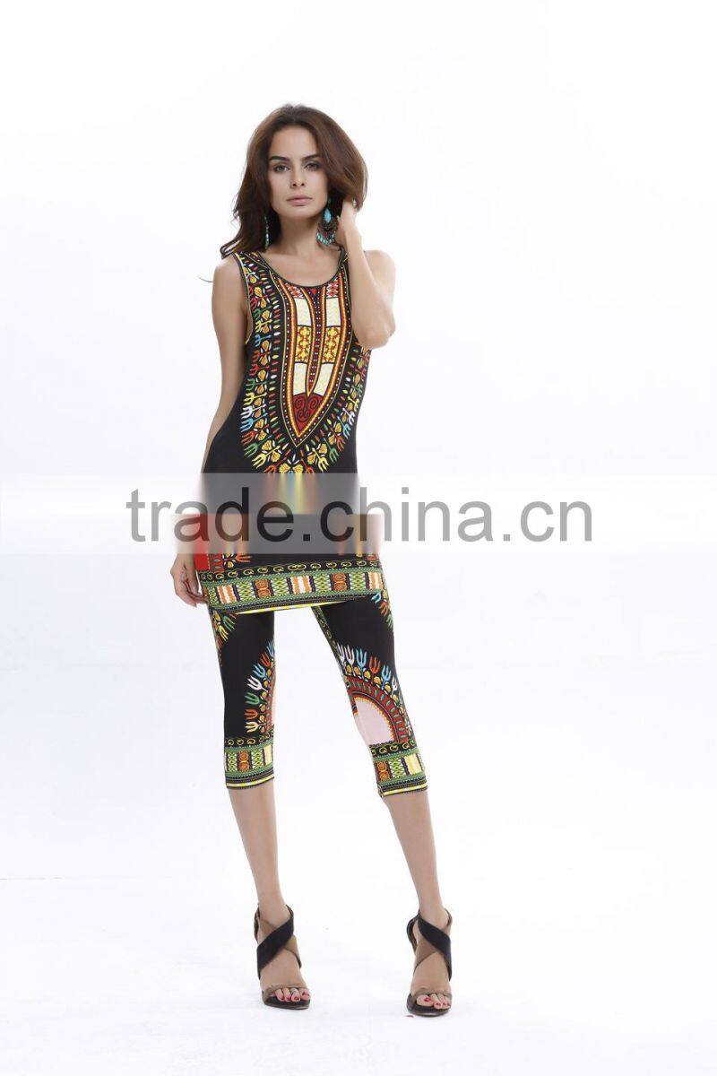 summer african women clothing set sleeveless vest print tank top with pants for ladies S63042