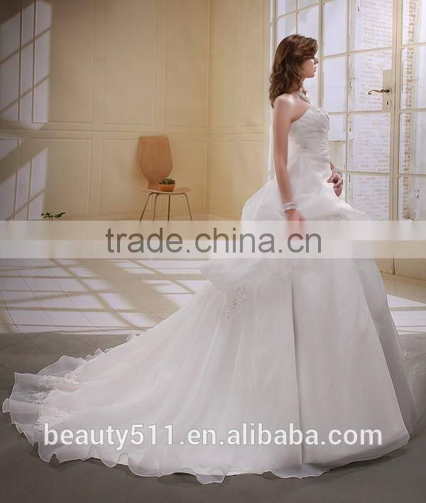 A-Line Satin/Organza Strapless Pearls Beaded Long Trail Gown Wedding dress ball gowns bridal gowns