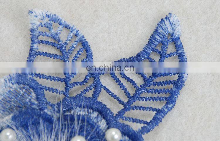 Embroidery flower with pearl and fur pompom applique