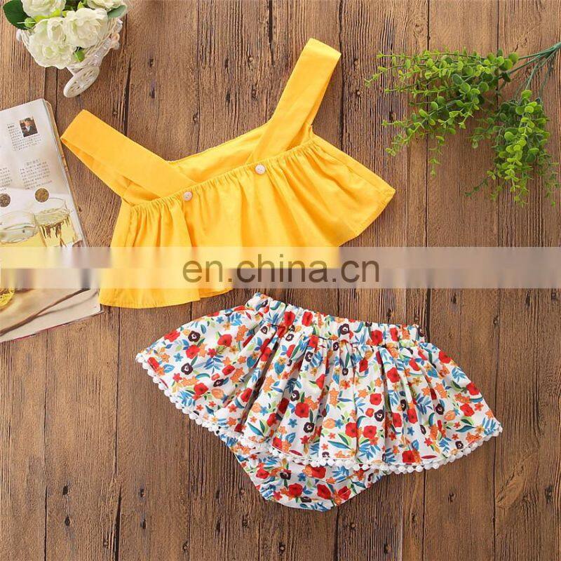Fashion Baby Sets Lace Yellow Slip Tops And Floral Pants Summer Baby Girl Boutique Outfits