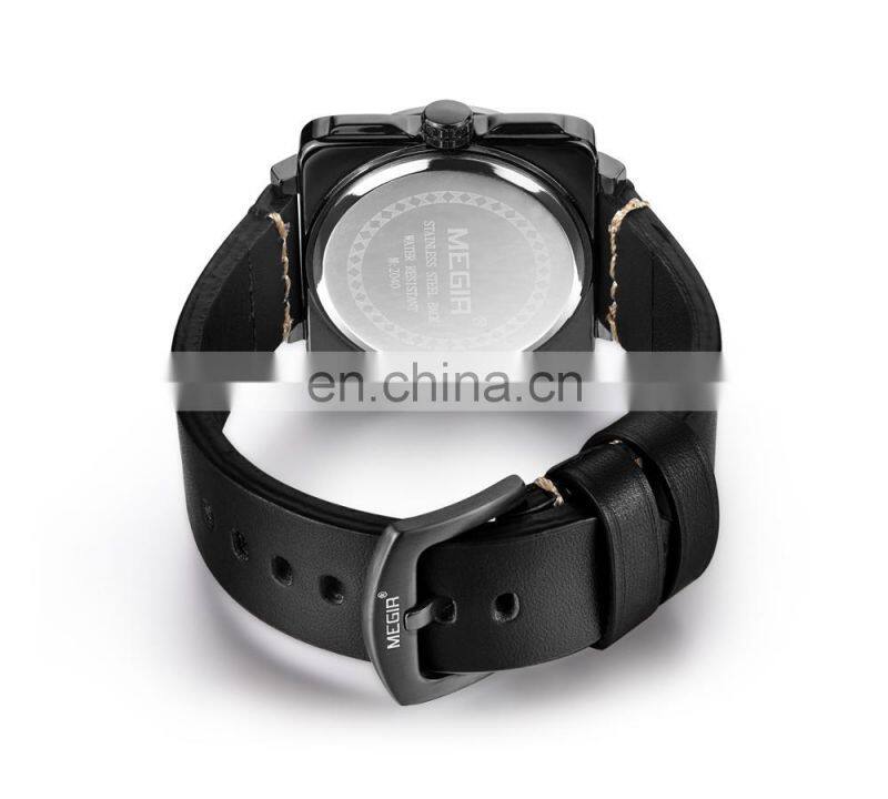 Megir 2040 Men's Square Leather Strap Quartz Watches with Calendar Date Waterproof Wristwatch Clock
