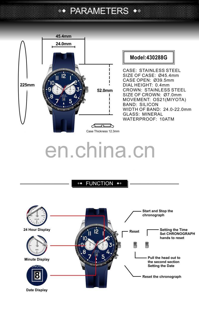 Wholesale Business Chronograph Man Watch Black Silicone Strap Waterproof Mens Sport Watches Japan Quartz Movement Watches