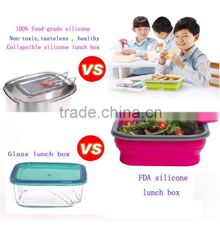 ECO-friendly silicone collapsible lunch box equipped with a fork
