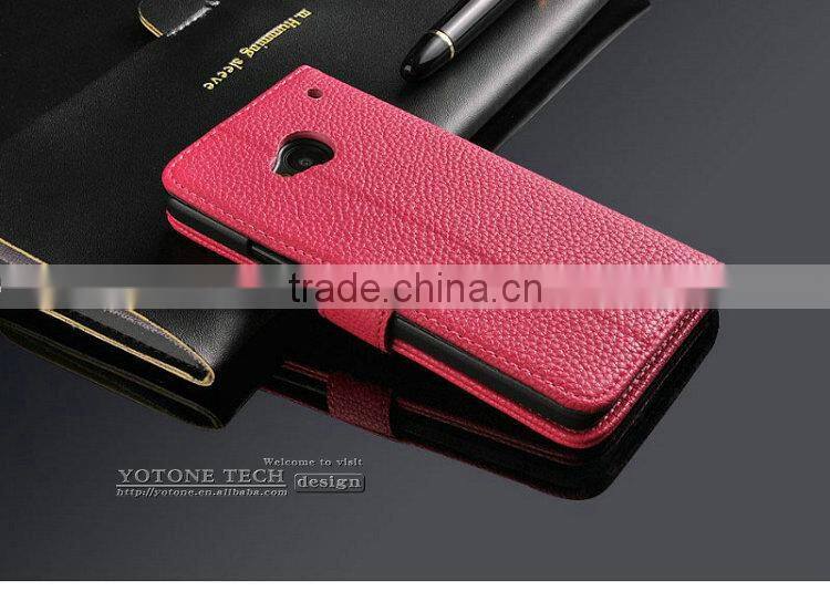 Fashionable Phone Accessory of High Quality PU Leather Stand Card Holders Inside Hand Made Cell Phone Case Bag for HTC One M7