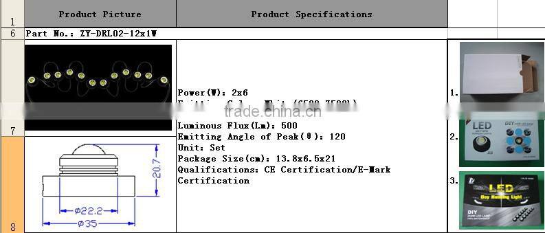 12W/12V/500lm LED daytime running light,fog-proof light DRL02,IP68(100% waterproof)