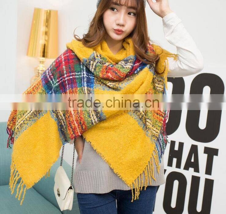Winter Korean Lady Fashion Tassel Acrylic Plaid Cashmere Scarf Shawl