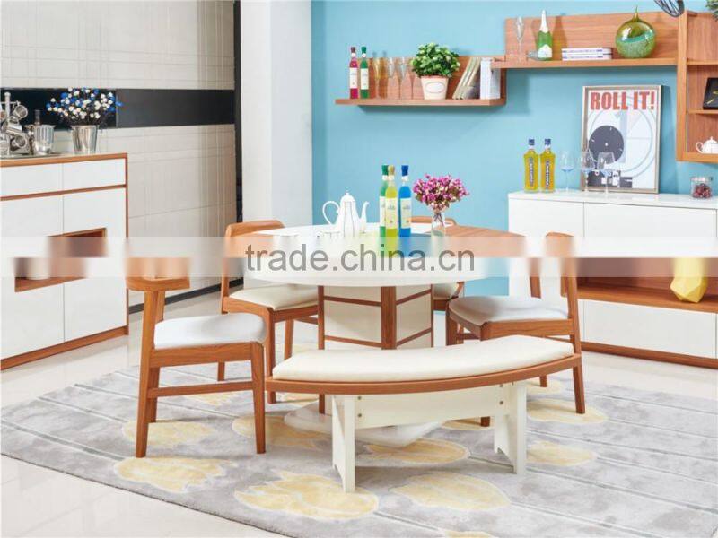 Modern wooden high glossy white and teak color round functional dining table and dining chair in dining room sets