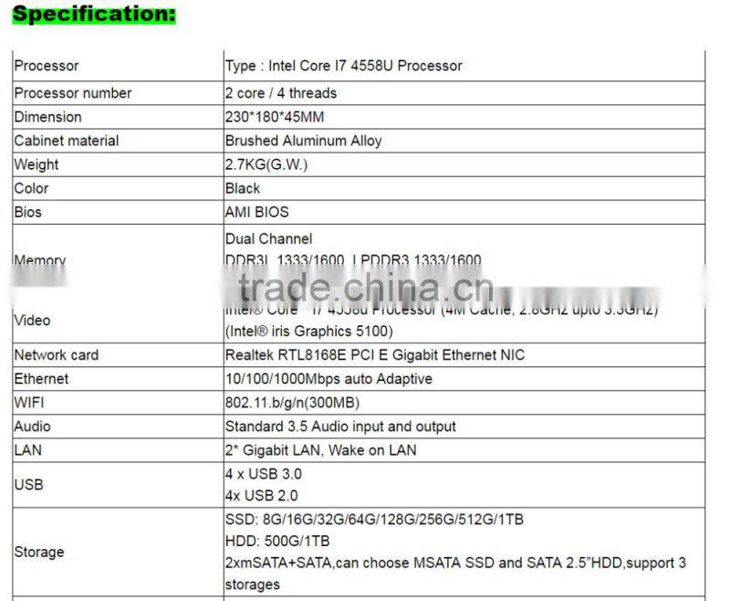 Industry pc i7 Intel Core i7-4558U cheap Barebone gamer pc i7 slim design with Intel 5100 support ultra HD 4K resolution hdmi