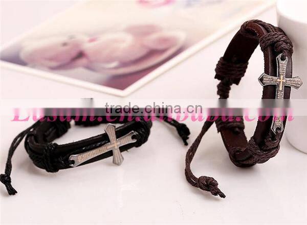 Black/brown cross with scripture leather bracelet,leather bracelet with cross
