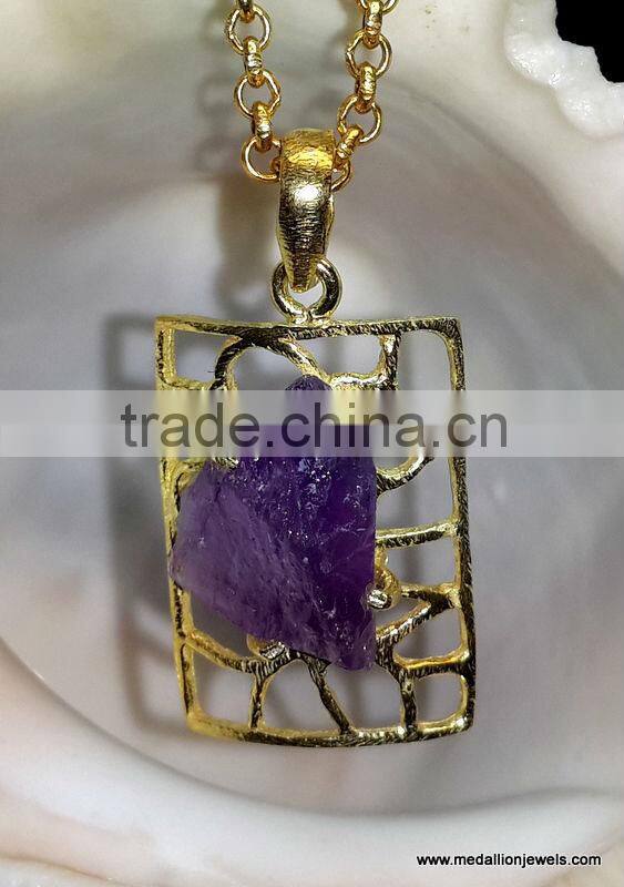 Rough Stone Vermeil Necklace, 925 Sterling Silver with Rough Gemsstone Necklace Gold Plated, Designer Necklace