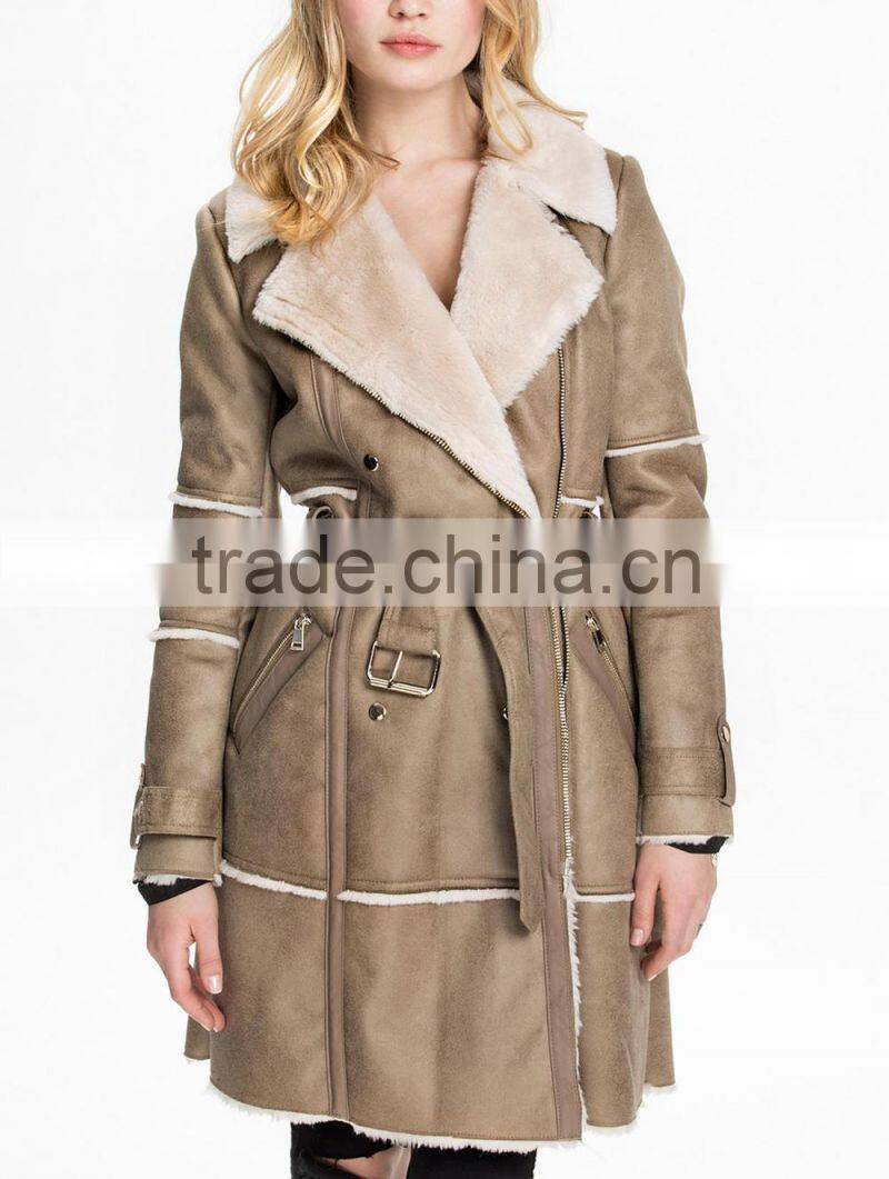 women's fashion Faux Shearling splicing Trench coat