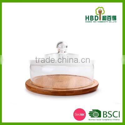 Hot selling glass cheese dome with bamboo base/glass dome with bamboo base